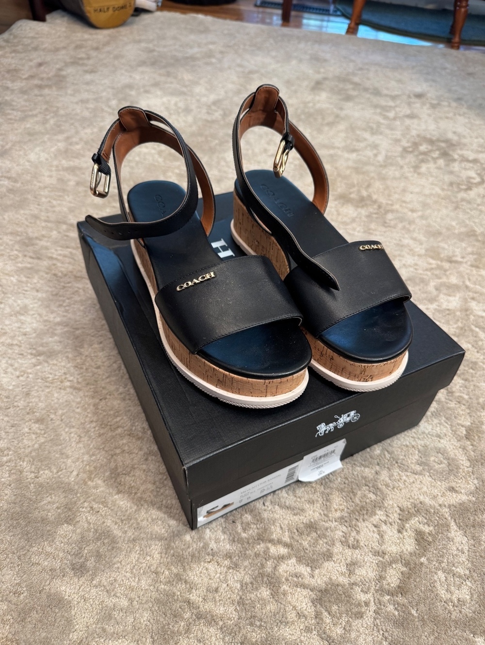 Coach Talulah Leather Sandals C3063 Black Cork Platform Size 9B Box